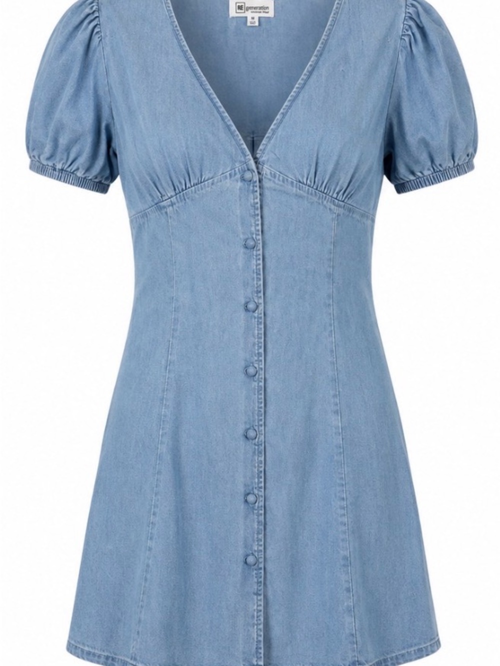RE Generation Light Blue Denim Button-Front Mini Dress with Puff Sleeves
